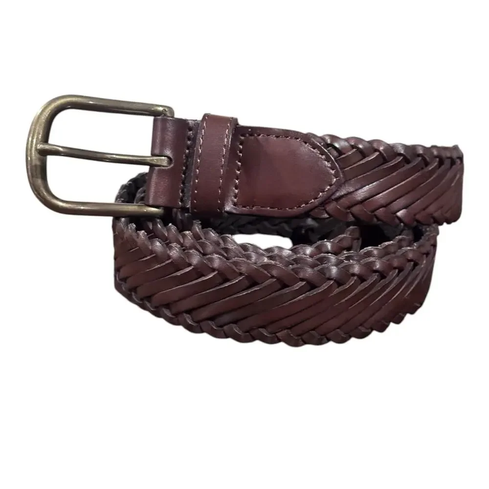 J. Crew Diagonal Braided Leather Belt Brown Brass Hardware Classic Men's Size L